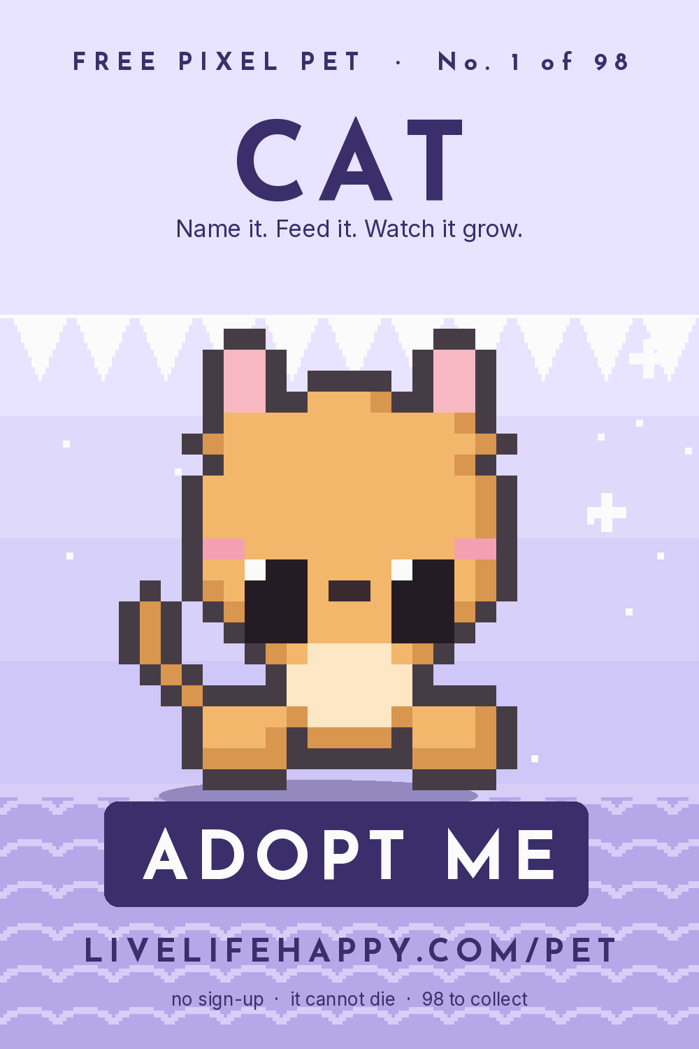 Animated pixel art trading card, number 1 of 98, Cat, with the words adopt me