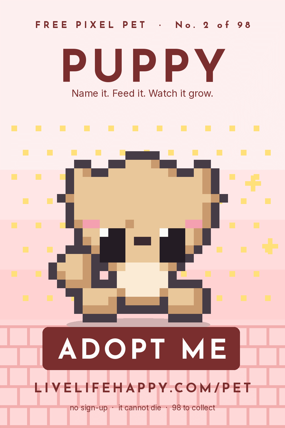 Animated pixel art trading card, number 2 of 98, Puppy, with the words adopt me