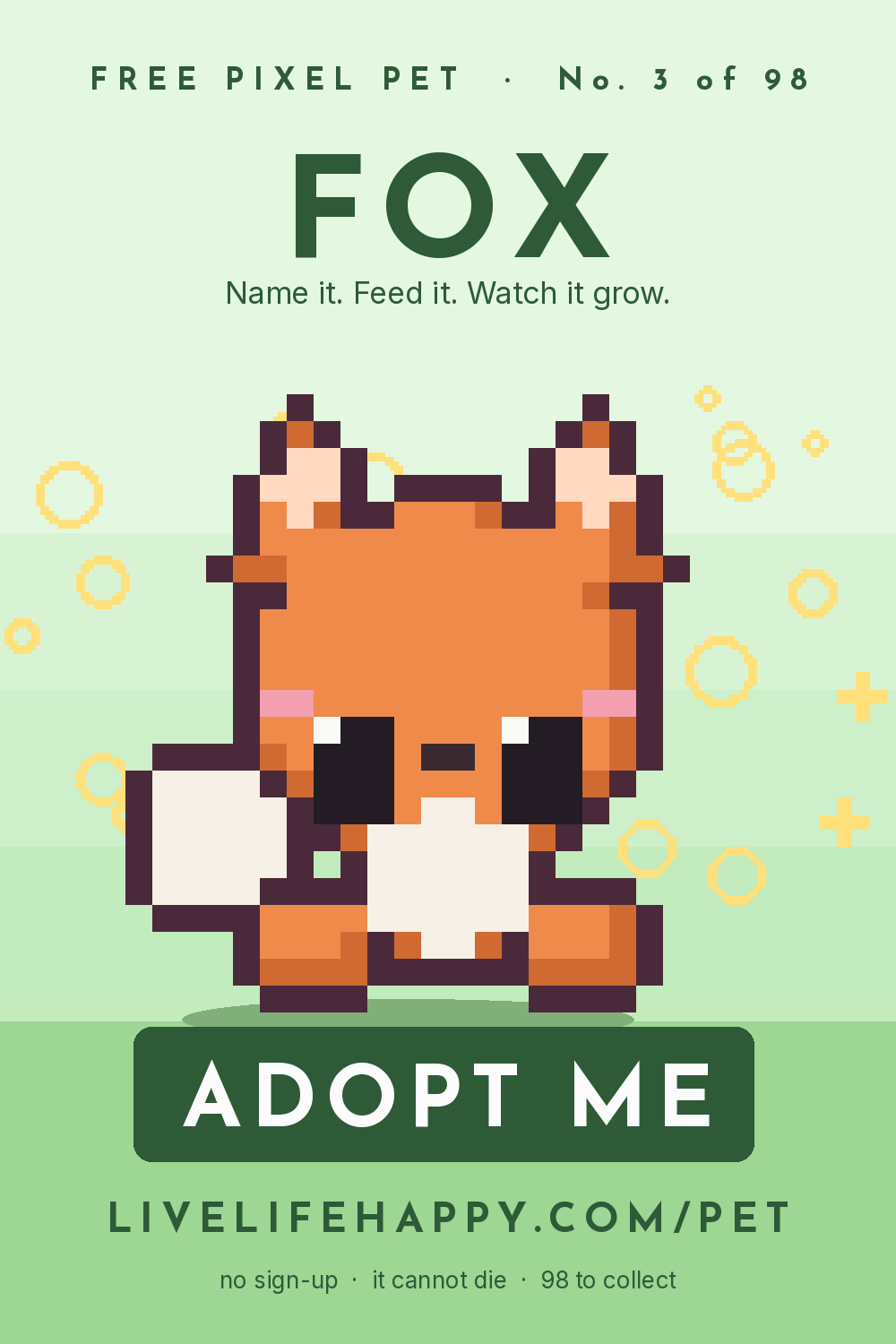 Animated pixel art trading card, number 3 of 98, Fox, with the words adopt me