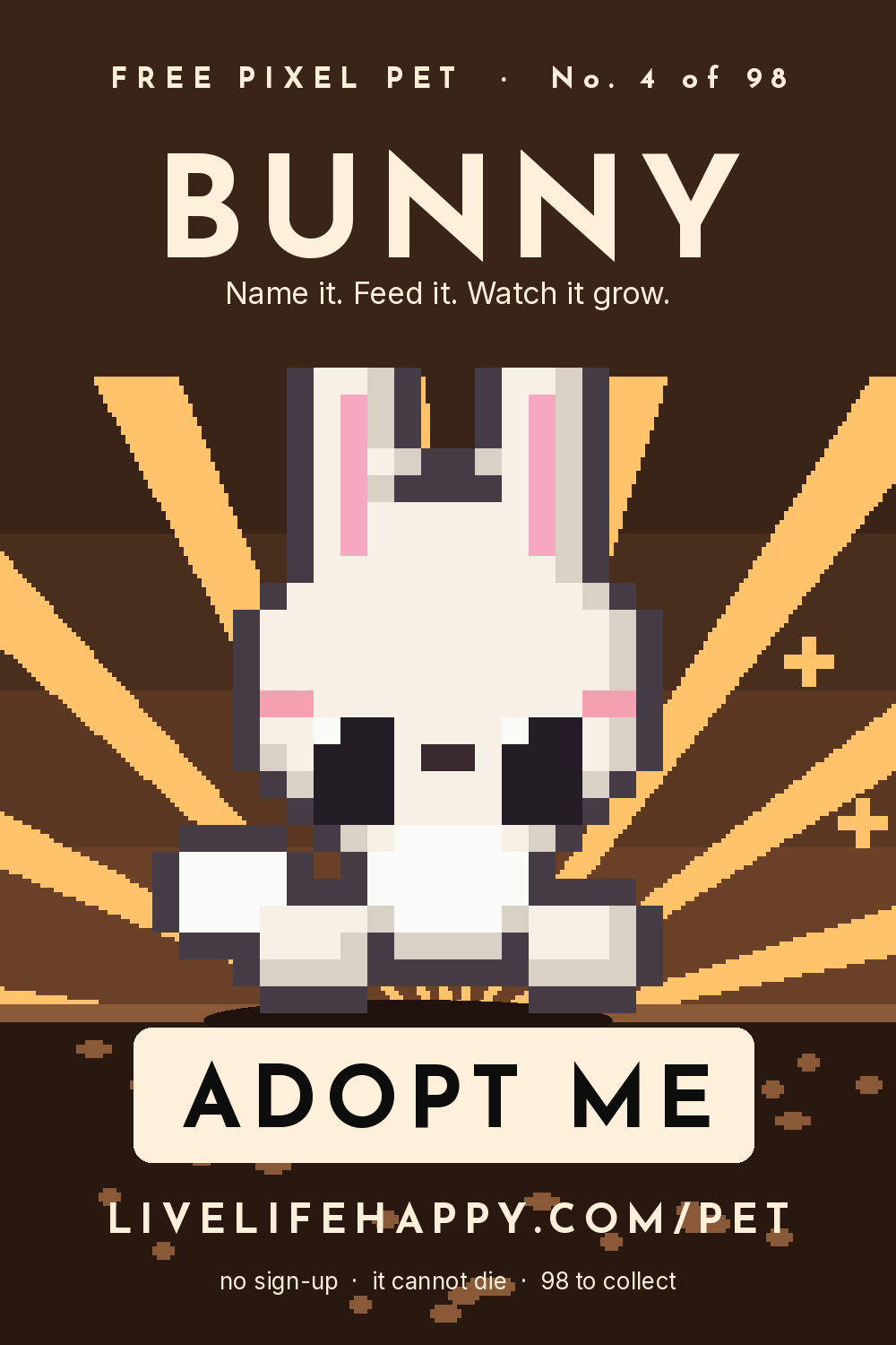 Animated pixel art trading card, number 4 of 98, Bunny, with the words adopt me