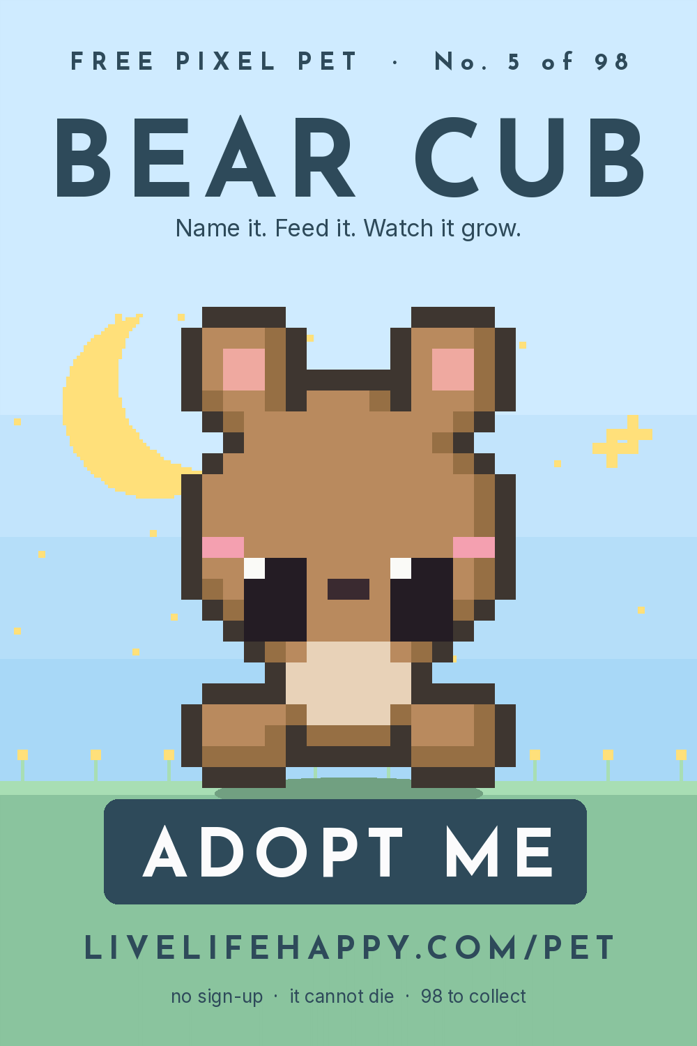 Animated pixel art trading card, number 5 of 98, Bear Cub, with the words adopt me