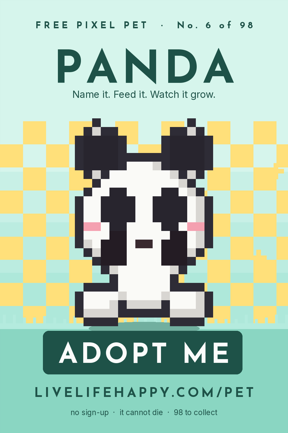 Animated pixel art trading card, number 6 of 98, Panda, with the words adopt me