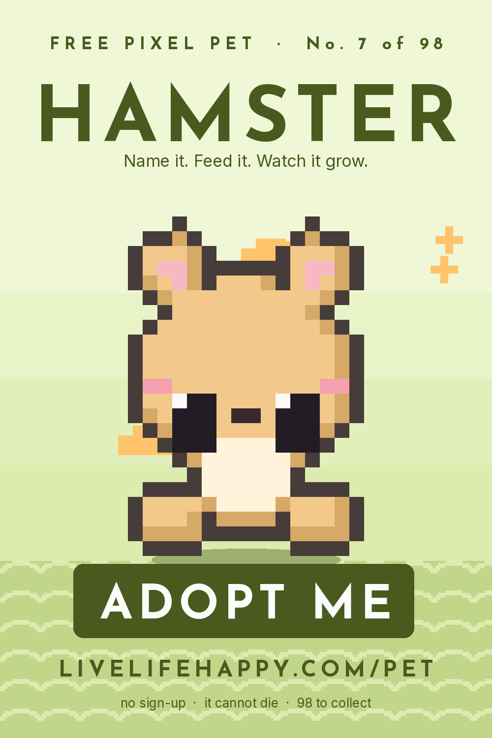 Animated pixel art trading card, number 7 of 98, Hamster, with the words adopt me