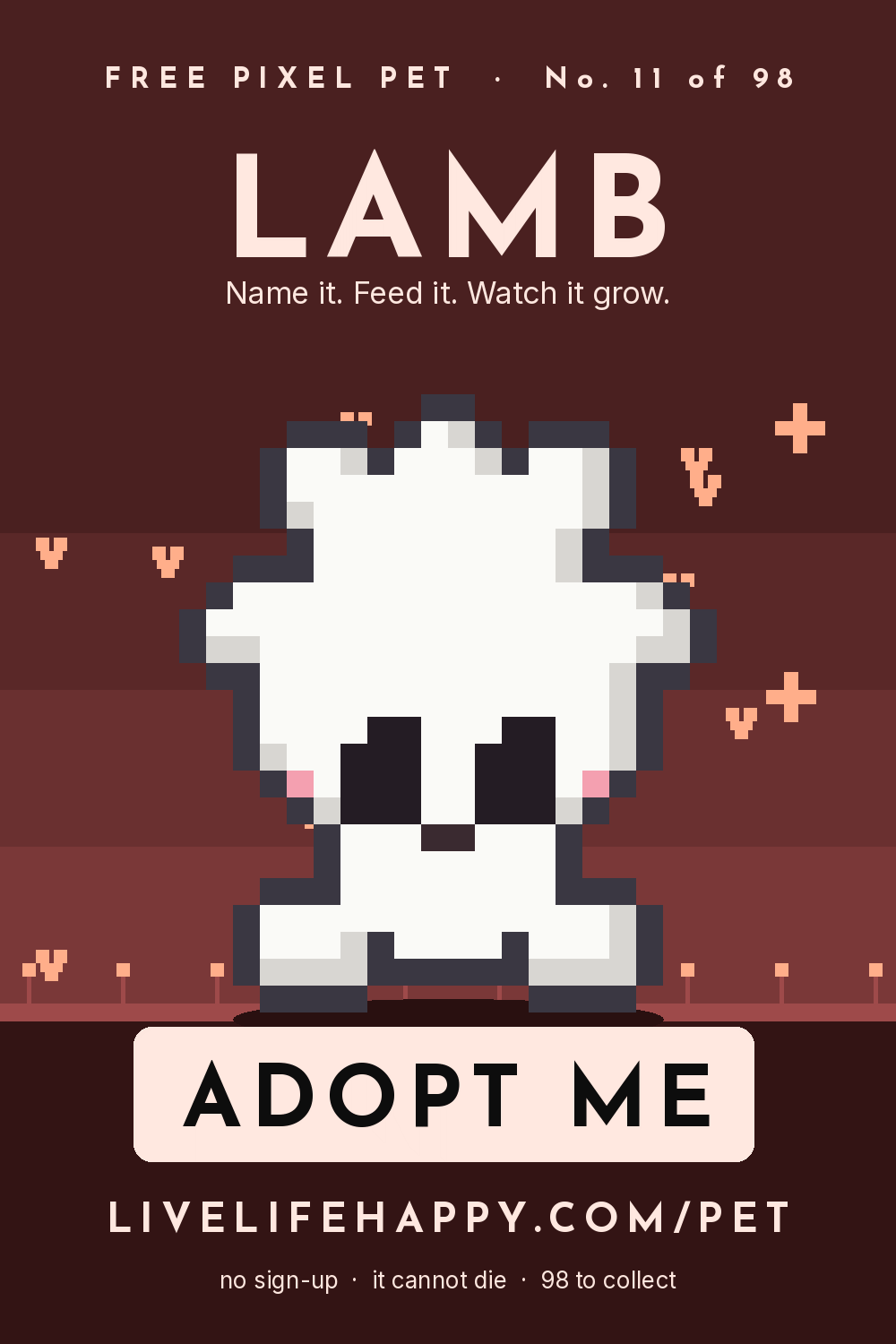 Animated pixel art trading card, number 11 of 98, Lamb, with the words adopt me