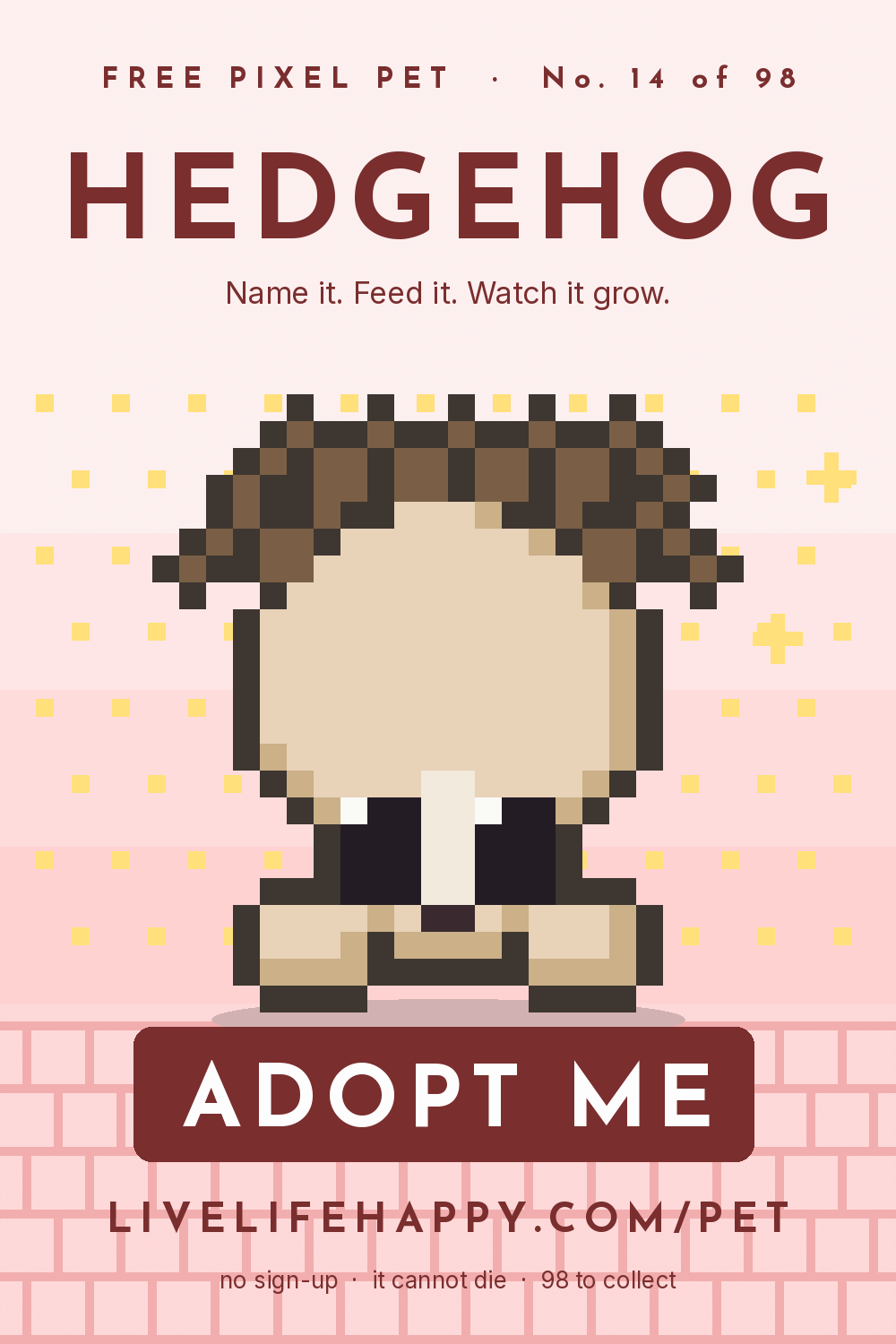 Animated pixel art trading card, number 14 of 98, Hedgehog, with the words adopt me
