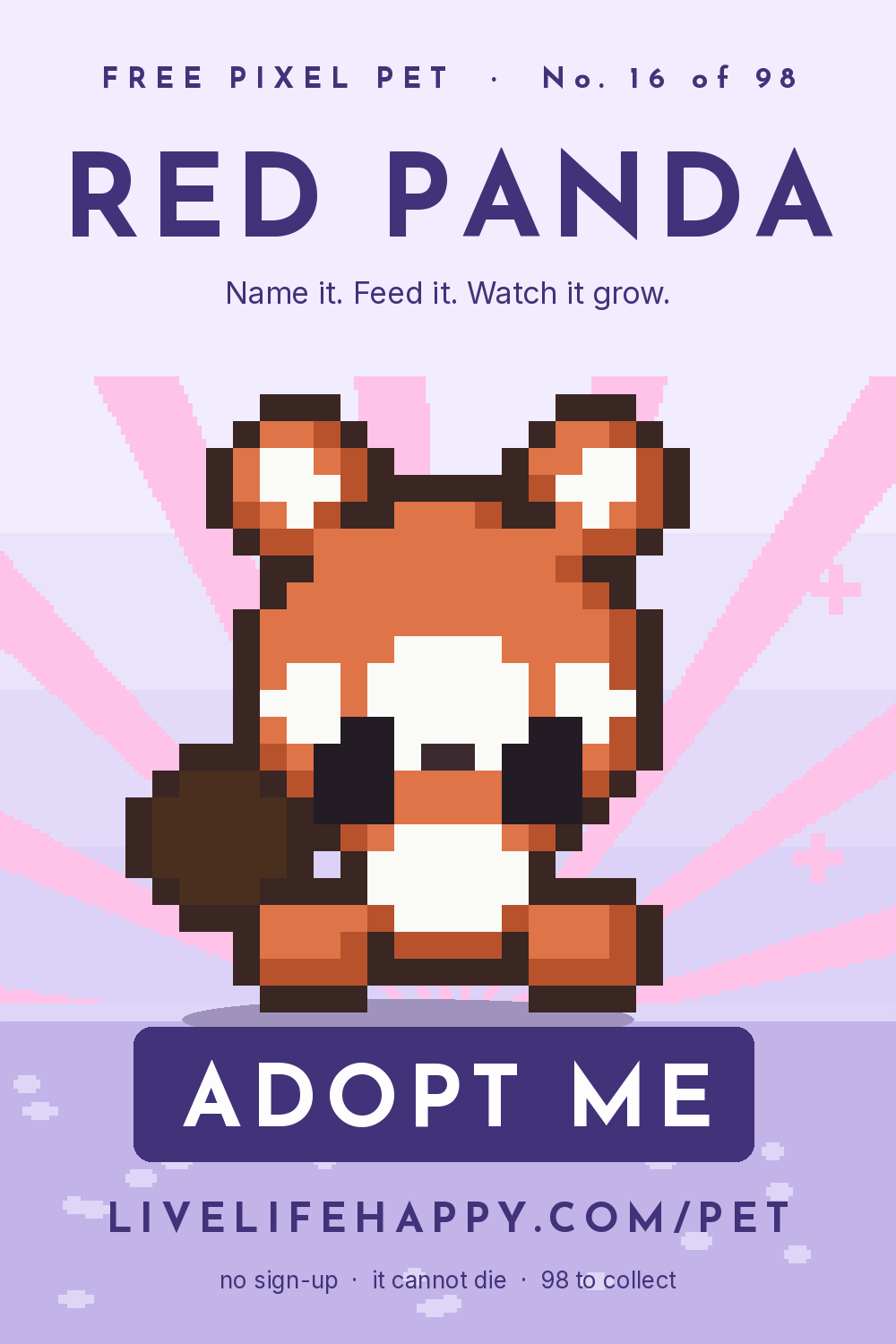 Animated pixel art trading card, number 16 of 98, Red Panda, with the words adopt me
