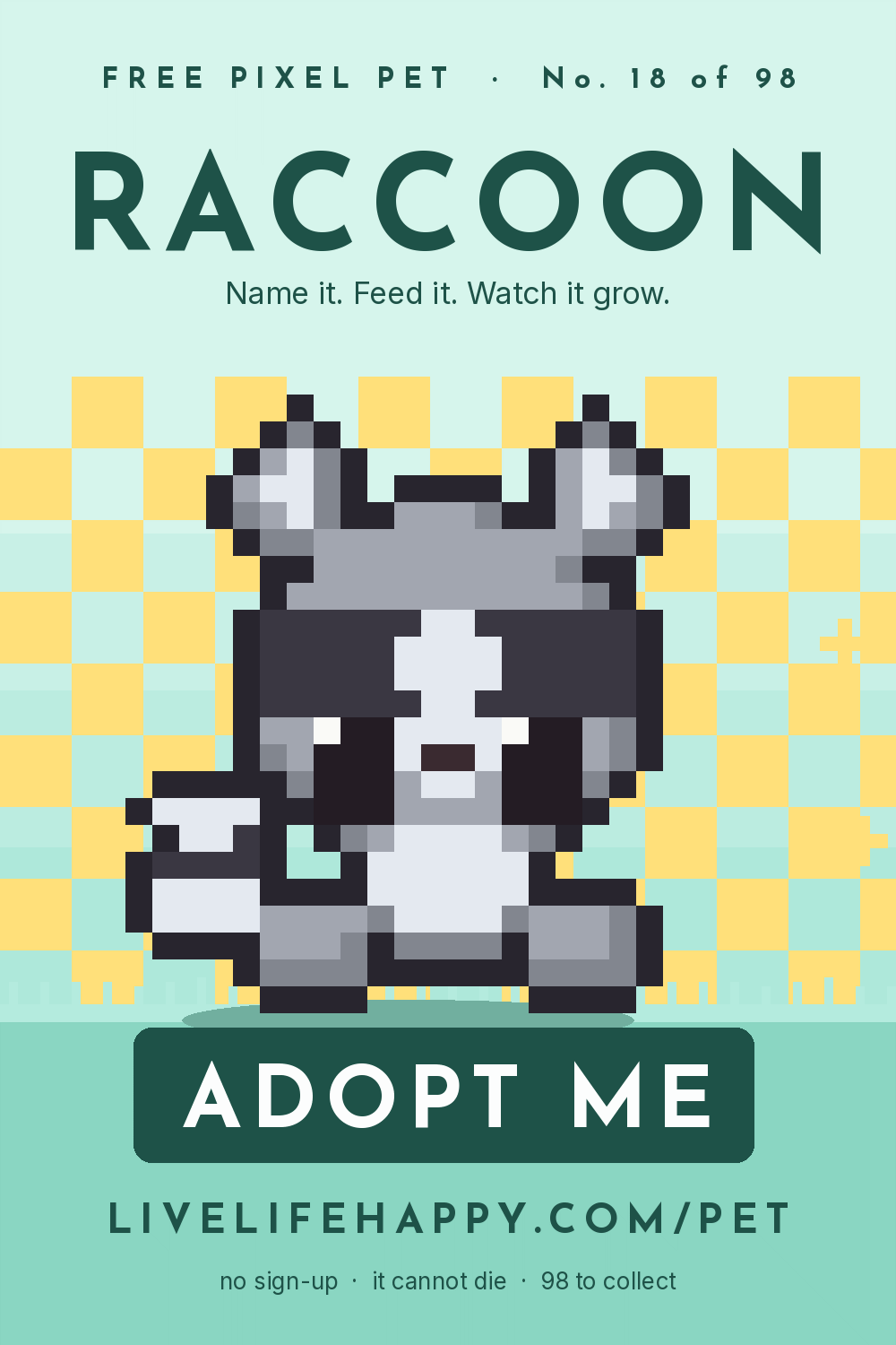 Animated pixel art trading card, number 18 of 98, Raccoon, with the words adopt me