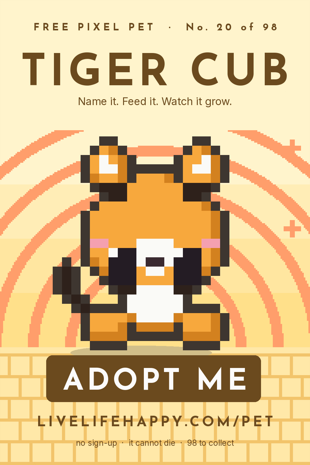 Animated pixel art trading card, number 20 of 98, Tiger Cub, with the words adopt me