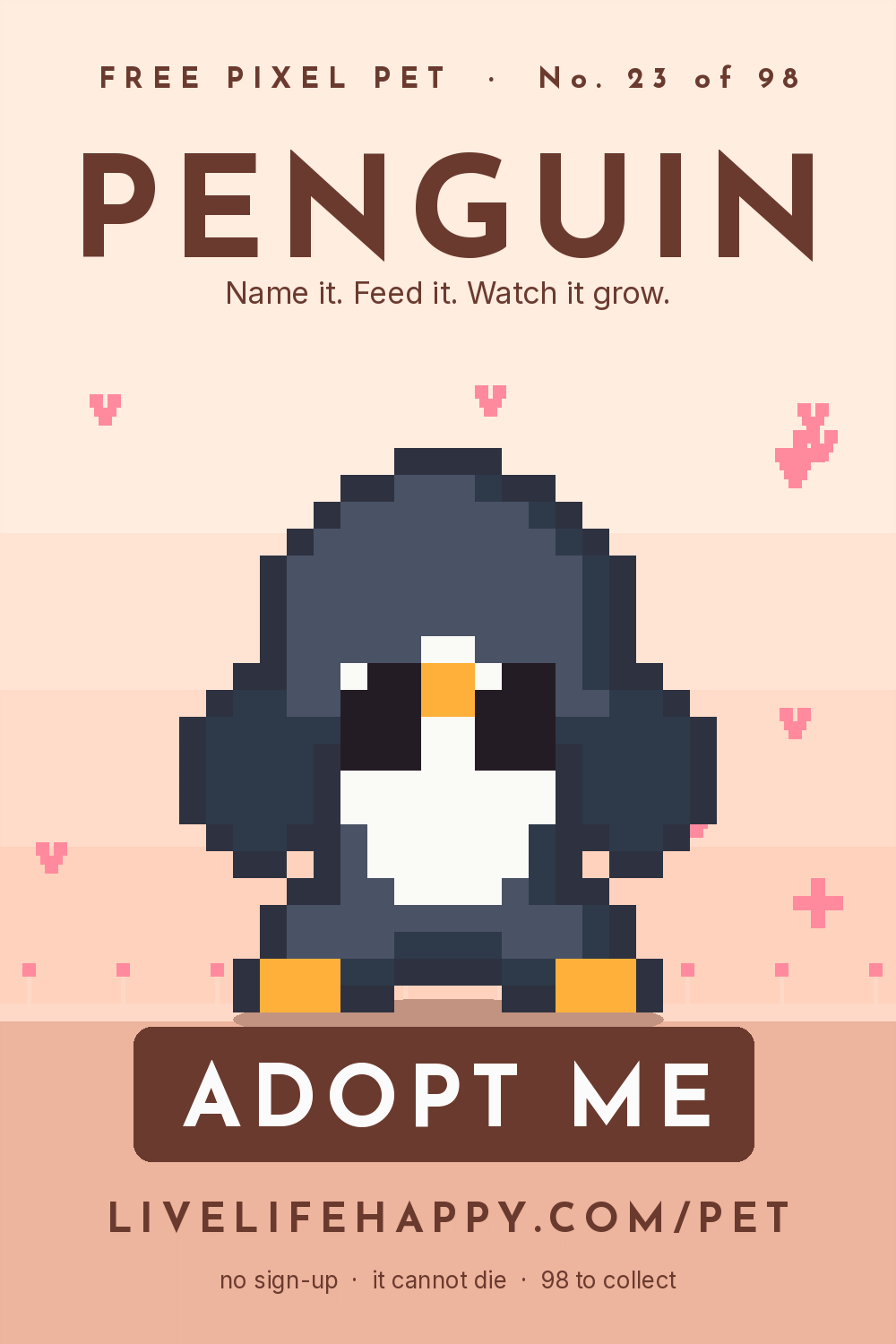 Animated pixel art trading card, number 23 of 98, Penguin, with the words adopt me
