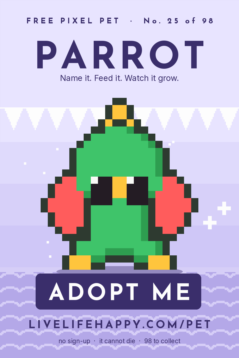 Animated pixel art trading card, number 25 of 98, Parrot, with the words adopt me