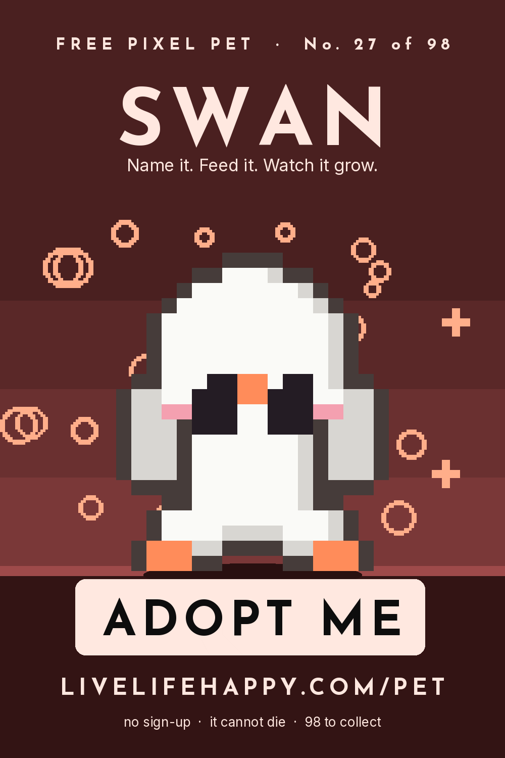 Animated pixel art trading card, number 27 of 98, Swan, with the words adopt me