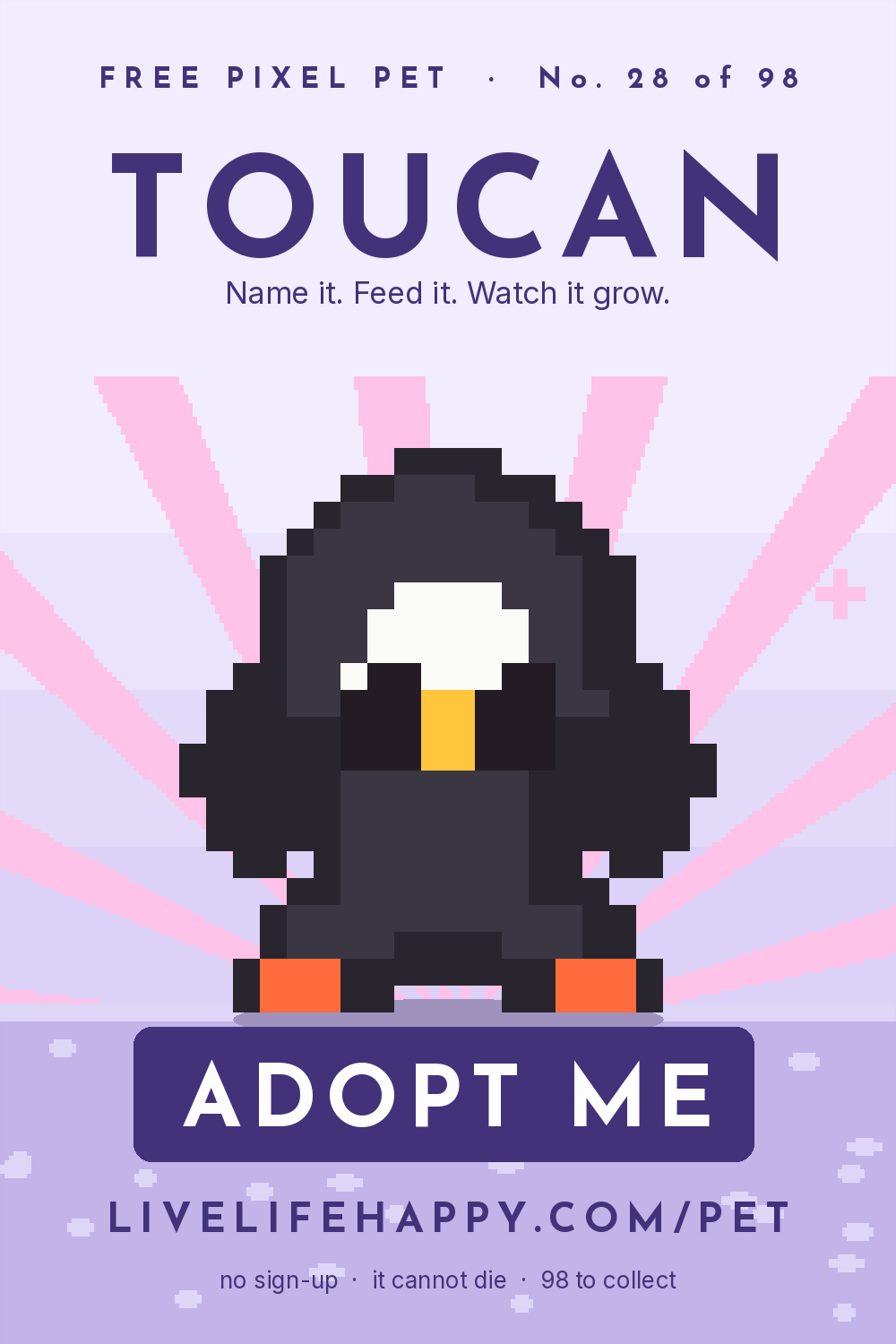 Animated pixel art trading card, number 28 of 98, Toucan, with the words adopt me
