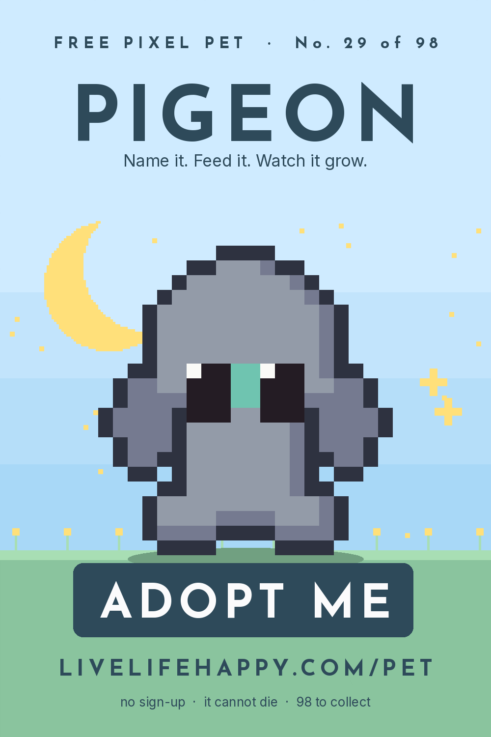 Animated pixel art trading card, number 29 of 98, Pigeon, with the words adopt me