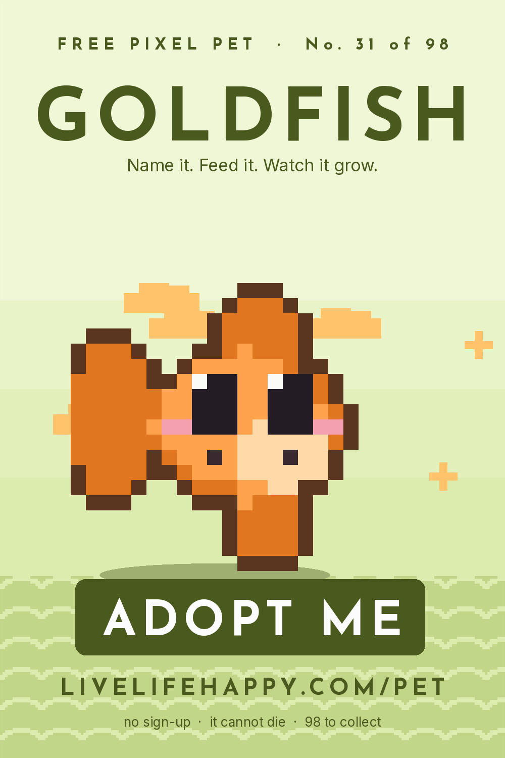 Animated pixel art trading card, number 31 of 98, Goldfish, with the words adopt me
