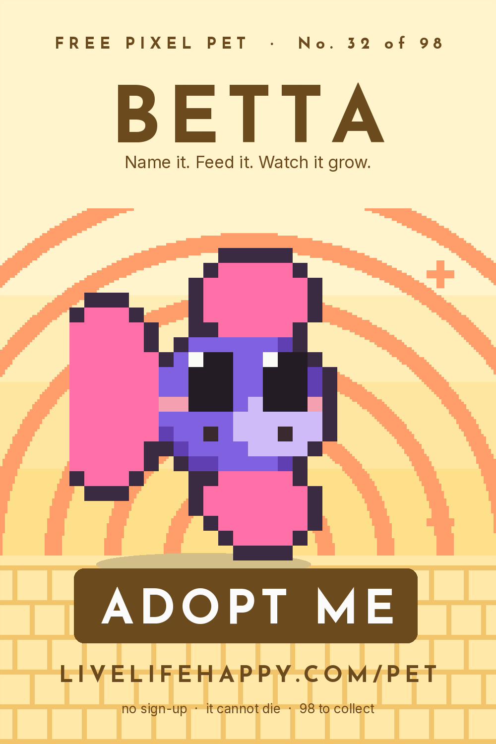 Animated pixel art trading card, number 32 of 98, Betta, with the words adopt me