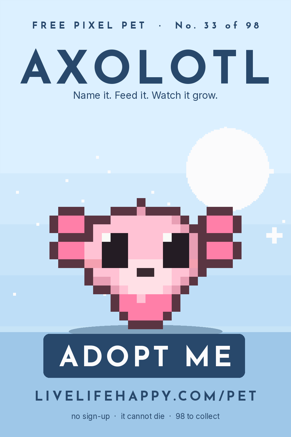 Animated pixel art trading card, number 33 of 98, Axolotl, with the words adopt me