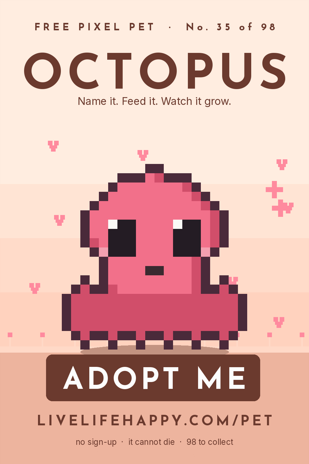 Animated pixel art trading card, number 35 of 98, Octopus, with the words adopt me