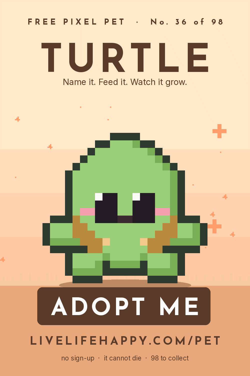 Animated pixel art trading card, number 36 of 98, Turtle, with the words adopt me