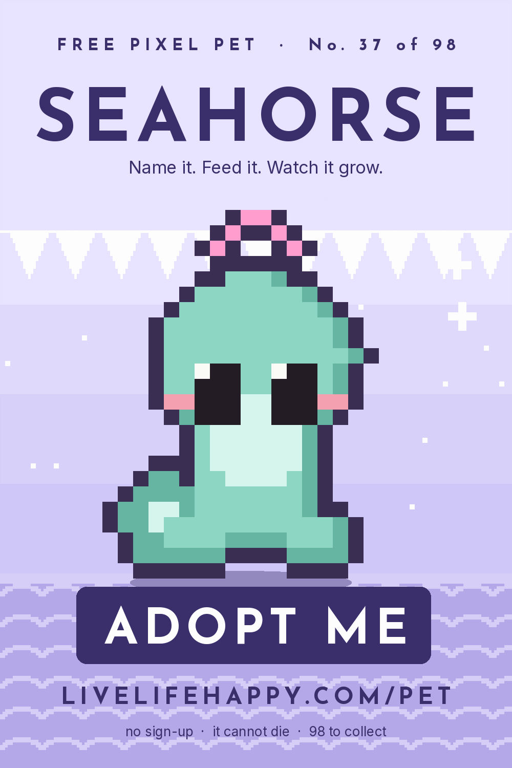 Animated pixel art trading card, number 37 of 98, Seahorse, with the words adopt me