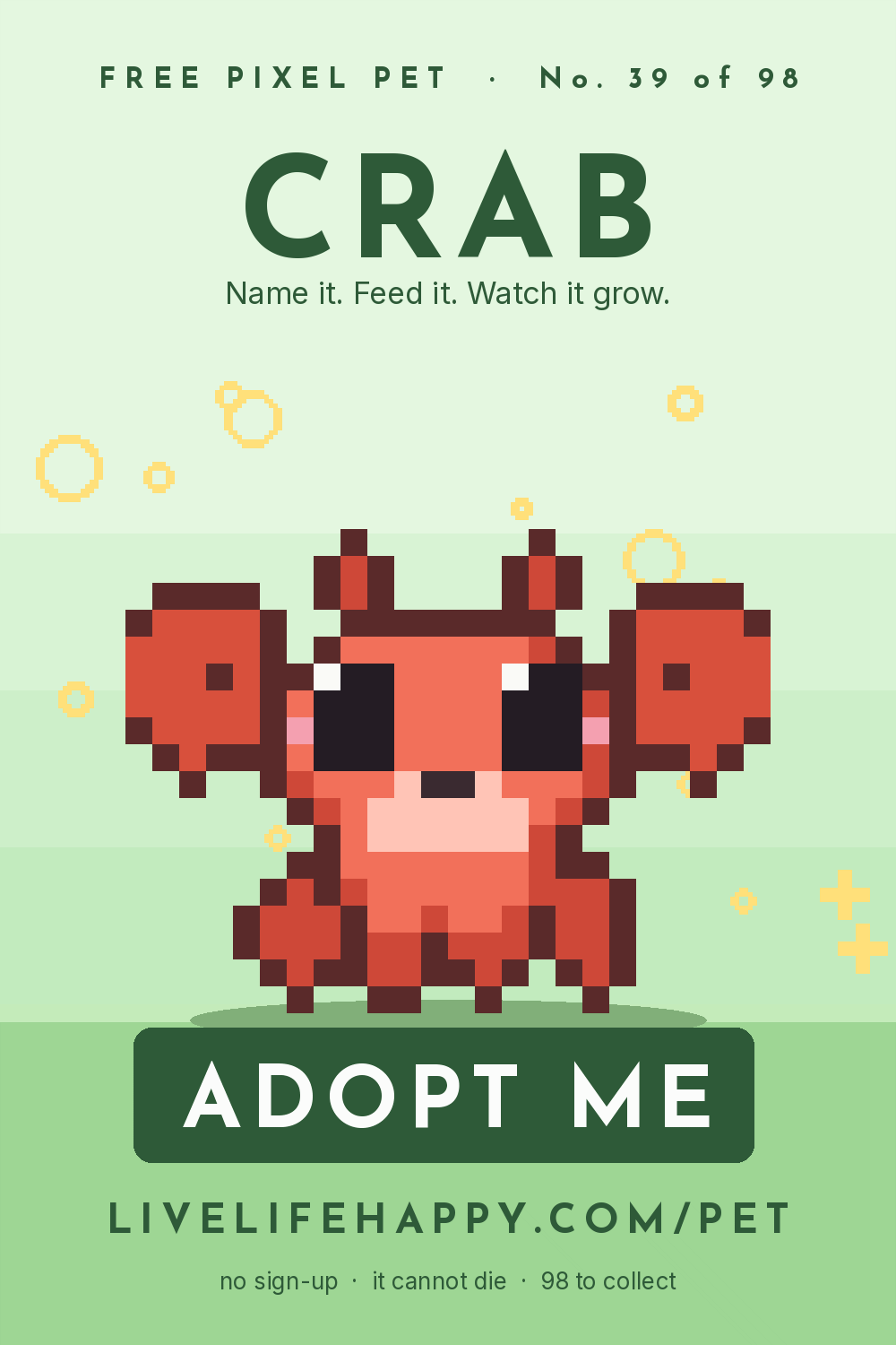 Animated pixel art trading card, number 39 of 98, Crab, with the words adopt me