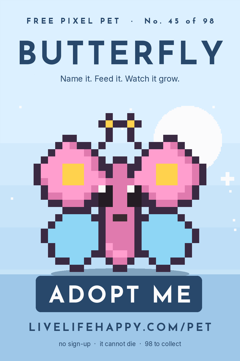 Animated pixel art trading card, number 45 of 98, Butterfly, with the words adopt me