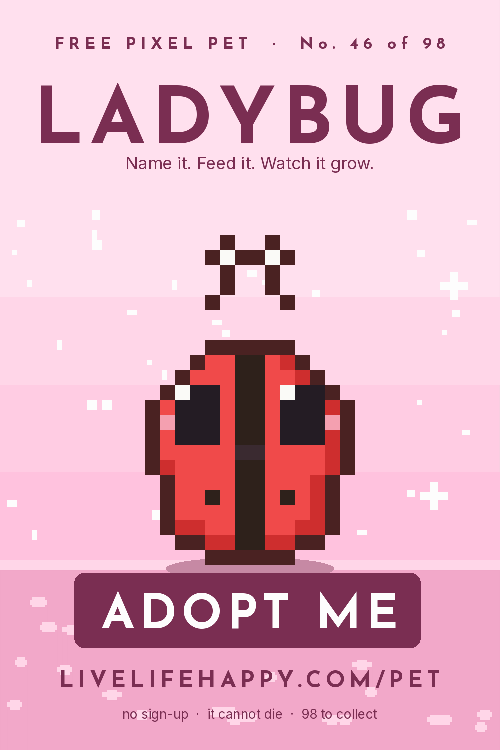 Animated pixel art trading card, number 46 of 98, Ladybug, with the words adopt me