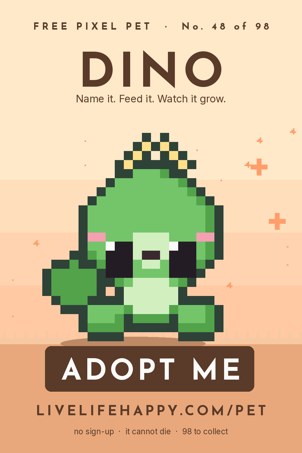Animated pixel art trading card, number 48 of 98, Dino, with the words adopt me