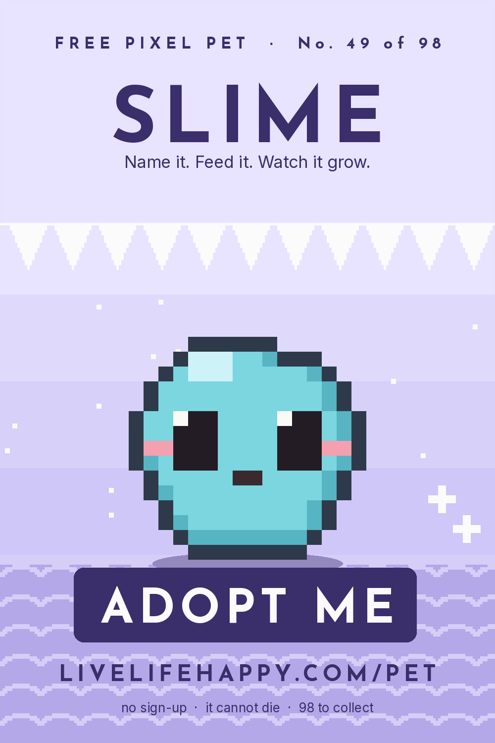 Animated pixel art trading card, number 49 of 98, Slime, with the words adopt me