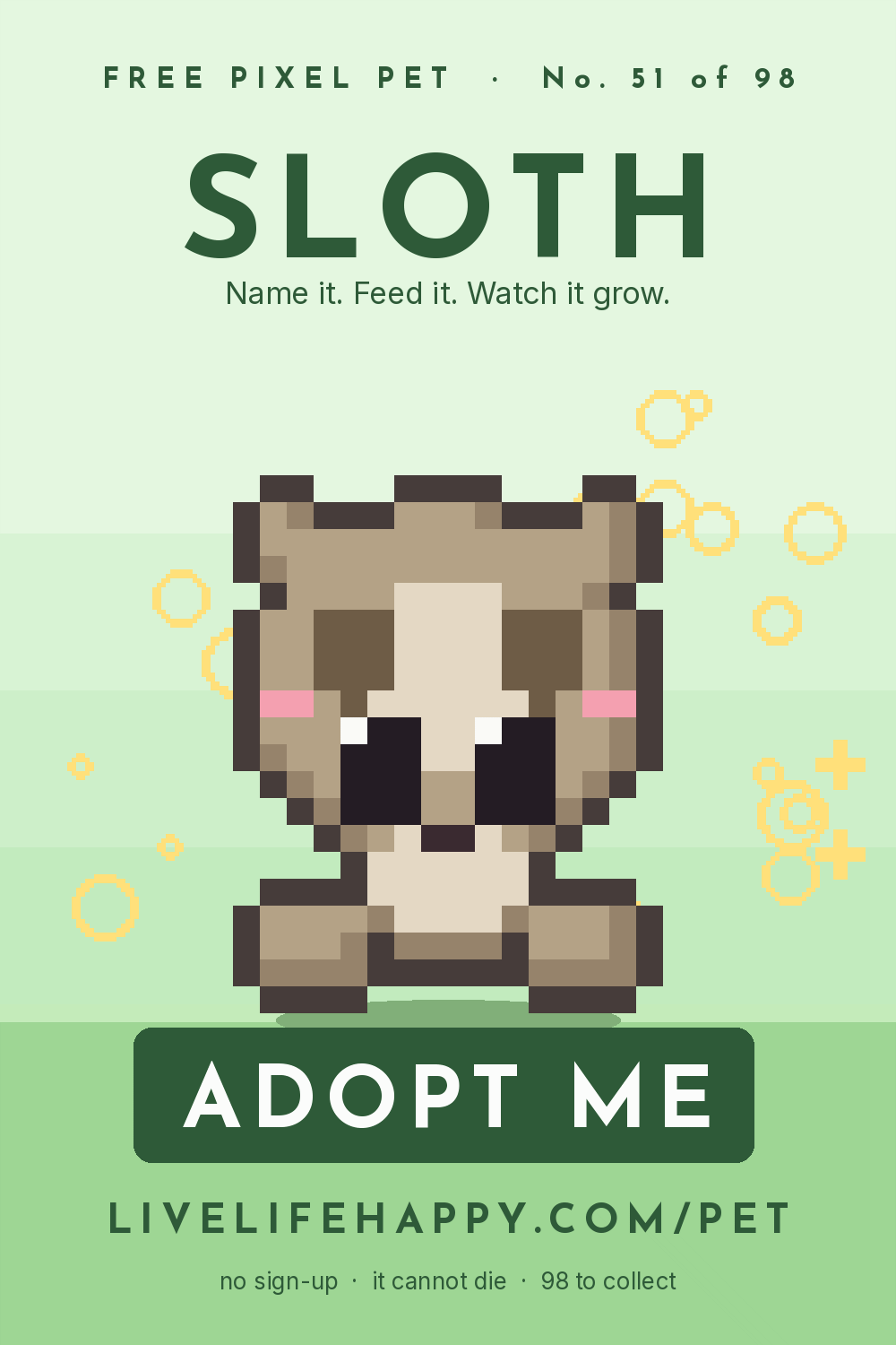 Animated pixel art trading card, number 51 of 98, Sloth, with the words adopt me