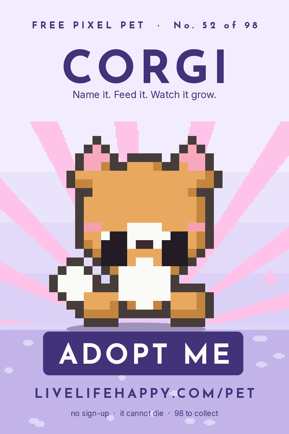 Animated pixel art trading card, number 52 of 98, Corgi, with the words adopt me