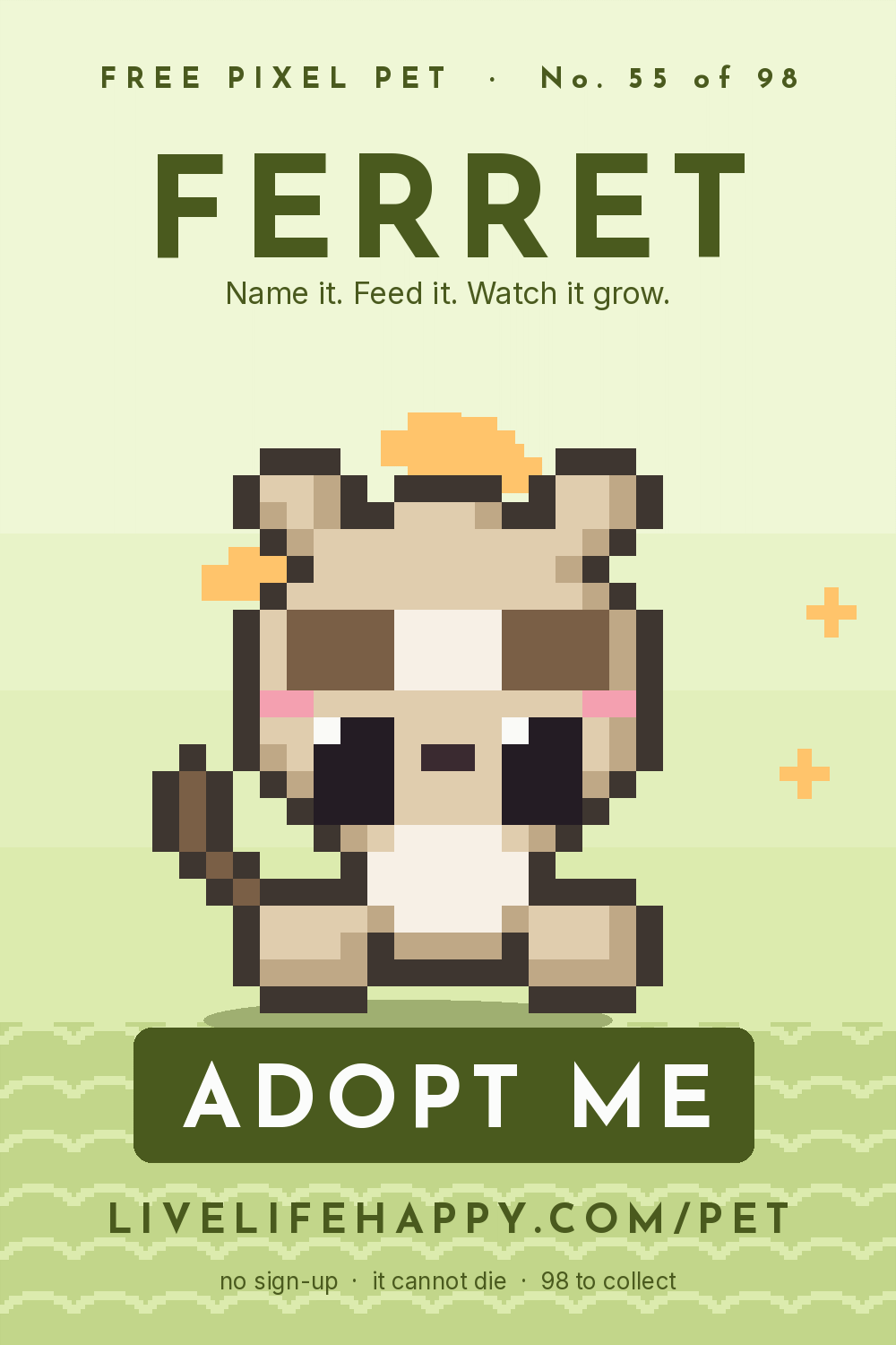 Animated pixel art trading card, number 55 of 98, Ferret, with the words adopt me