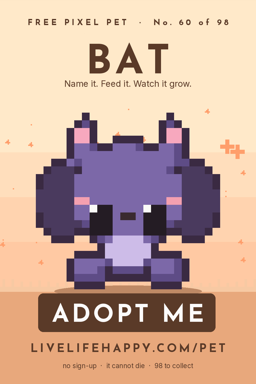 Animated pixel art trading card, number 60 of 98, Bat, with the words adopt me