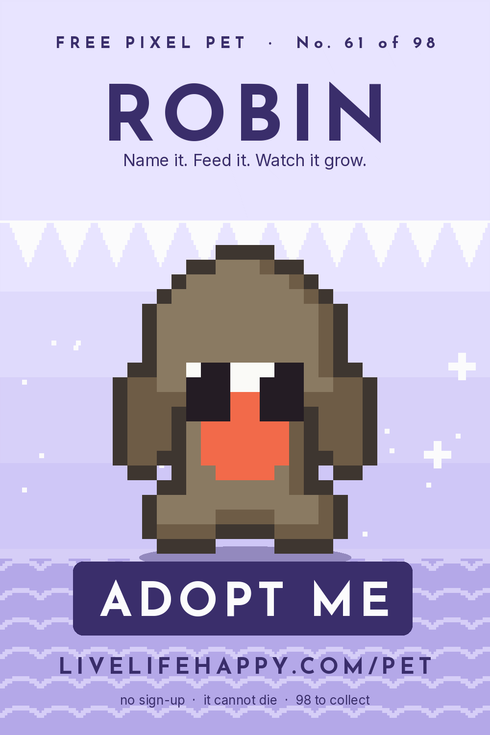 Animated pixel art trading card, number 61 of 98, Robin, with the words adopt me