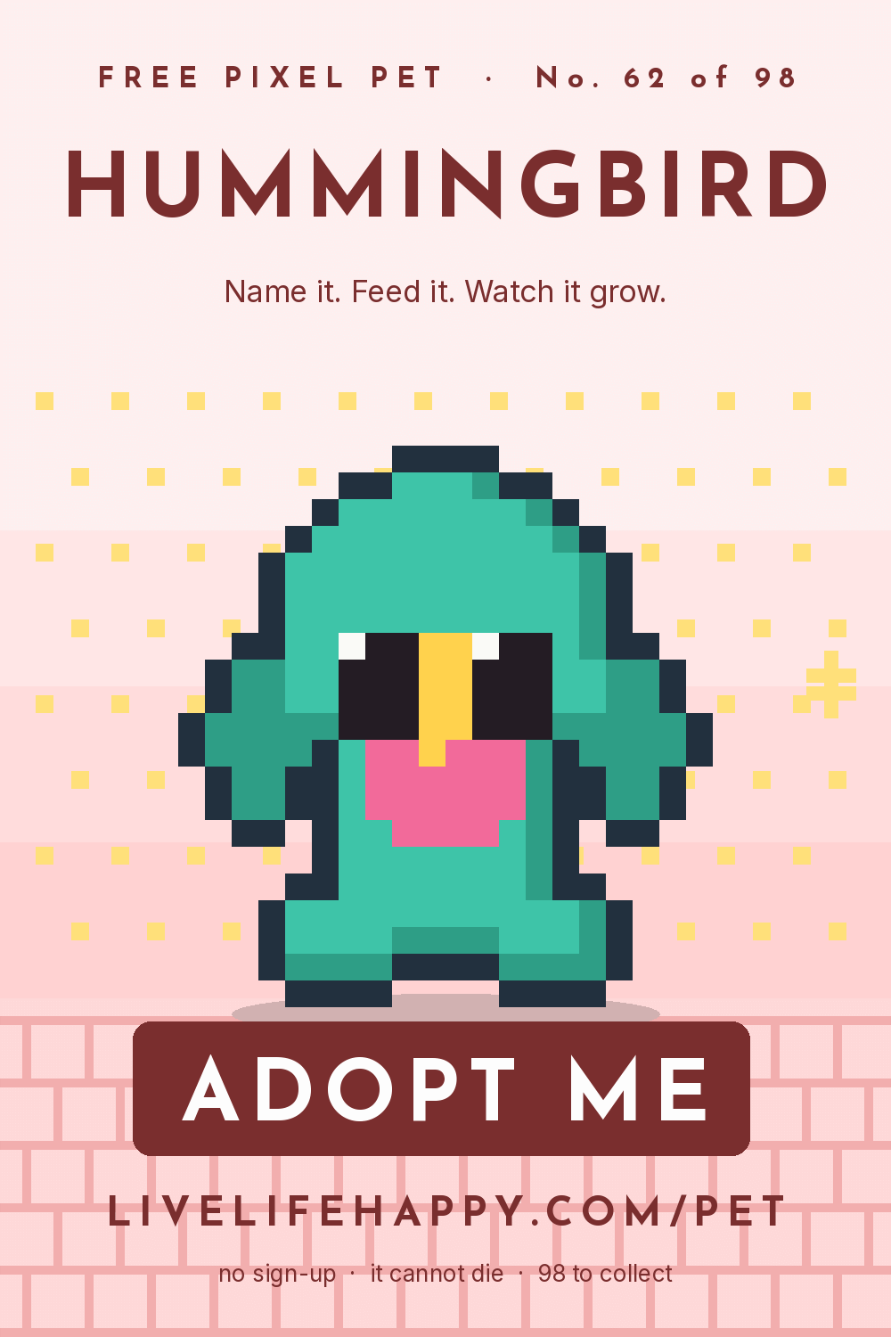 Animated pixel art trading card, number 62 of 98, Hummingbird, with the words adopt me