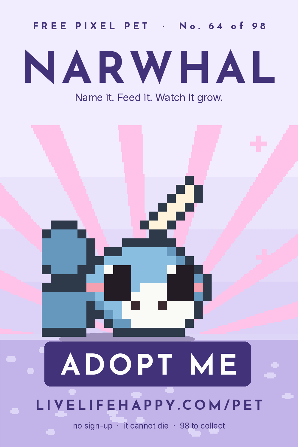 Animated pixel art trading card, number 64 of 98, Narwhal, with the words adopt me