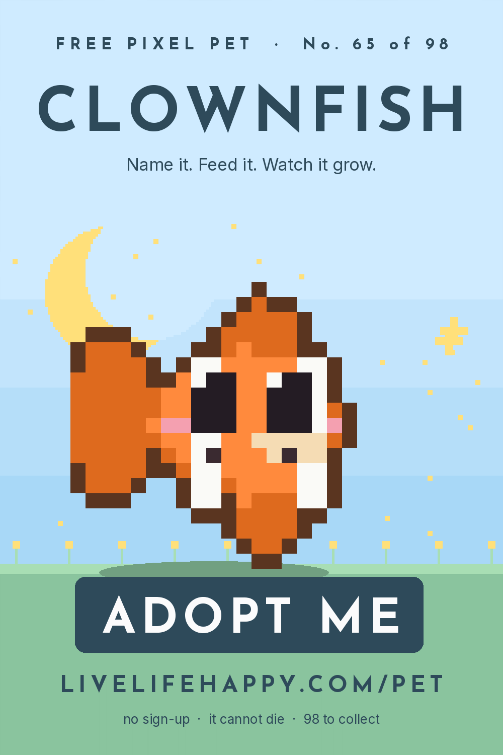 Animated pixel art trading card, number 65 of 98, Clownfish, with the words adopt me