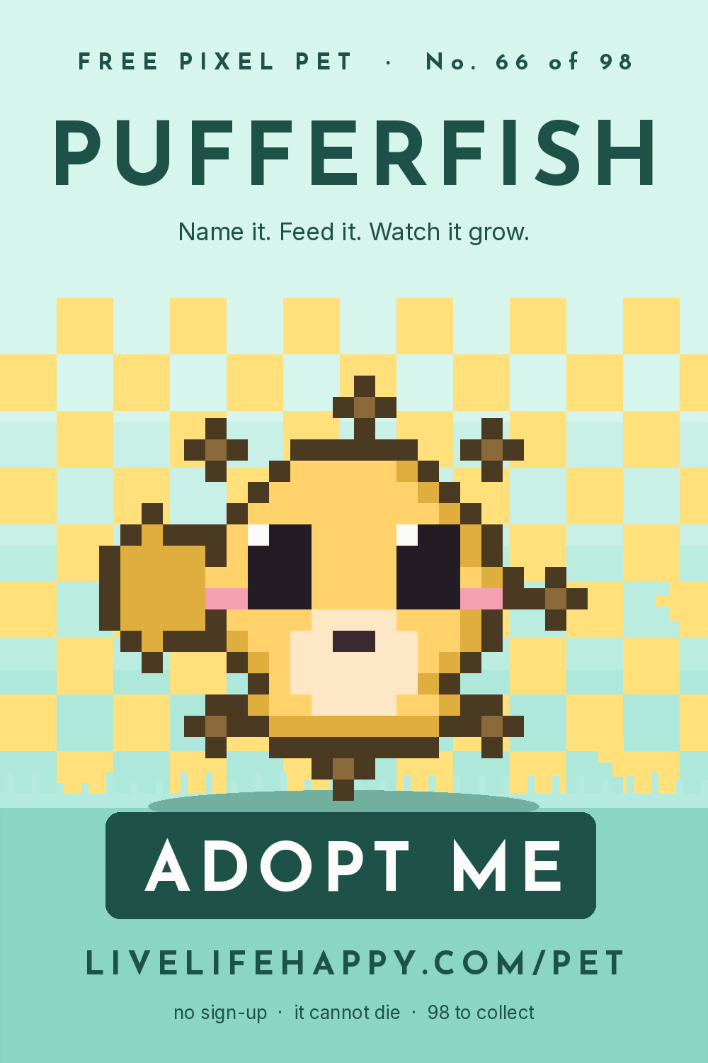 Animated pixel art trading card, number 66 of 98, Pufferfish, with the words adopt me