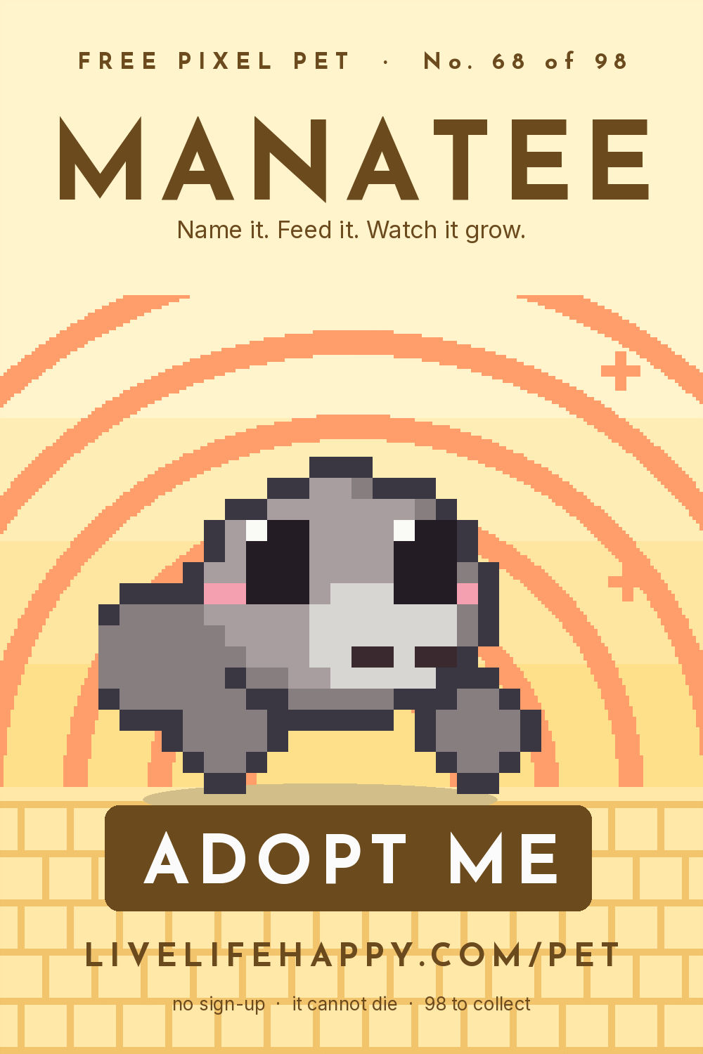 Animated pixel art trading card, number 68 of 98, Manatee, with the words adopt me