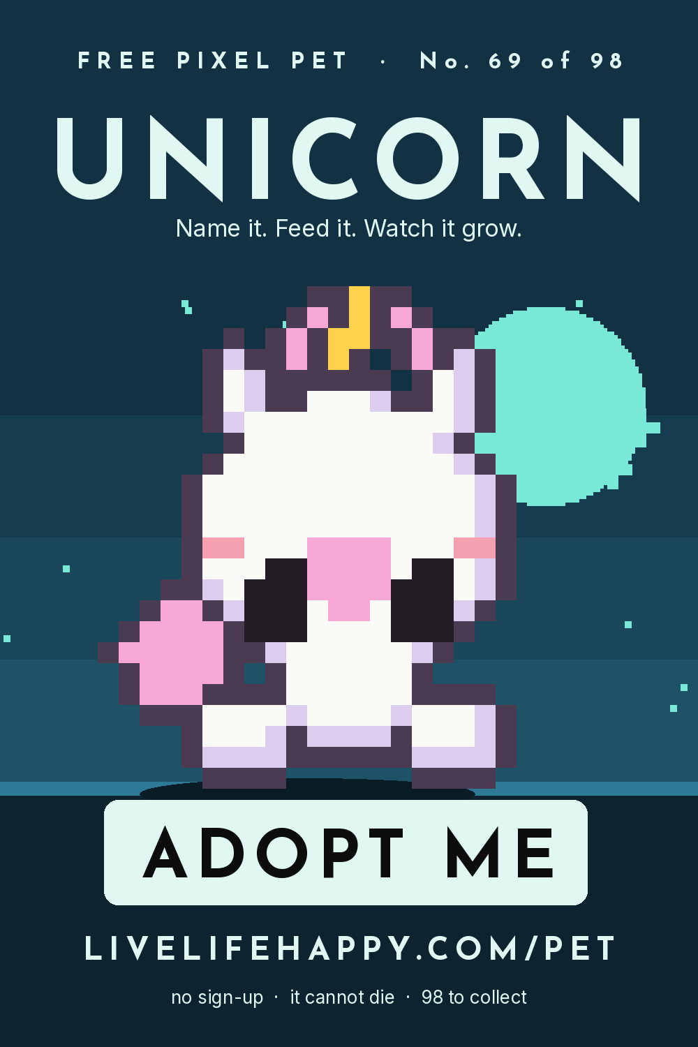 Animated pixel art trading card, number 69 of 98, Unicorn, with the words adopt me