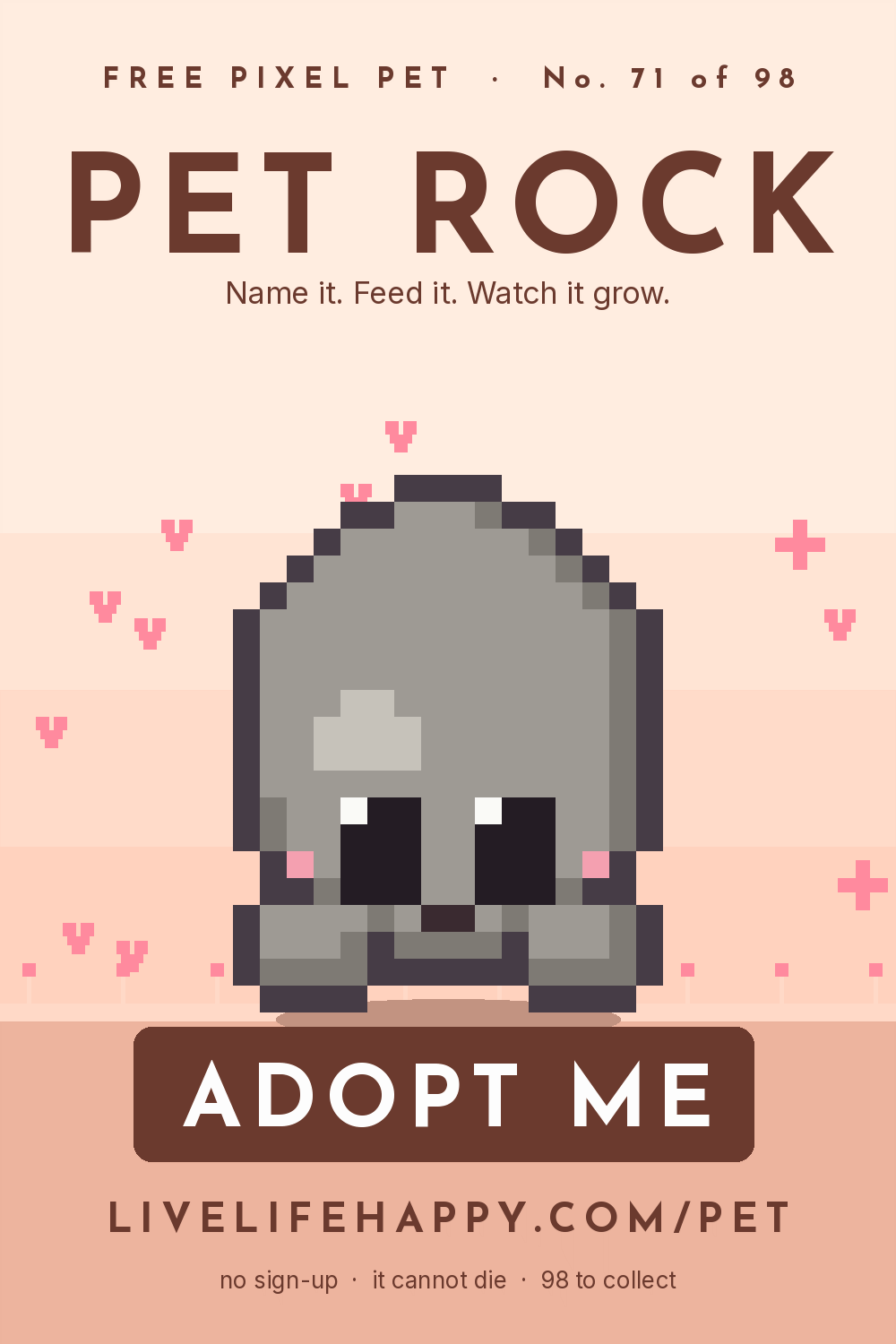 Animated pixel art trading card, number 71 of 98, Pet Rock, with the words adopt me
