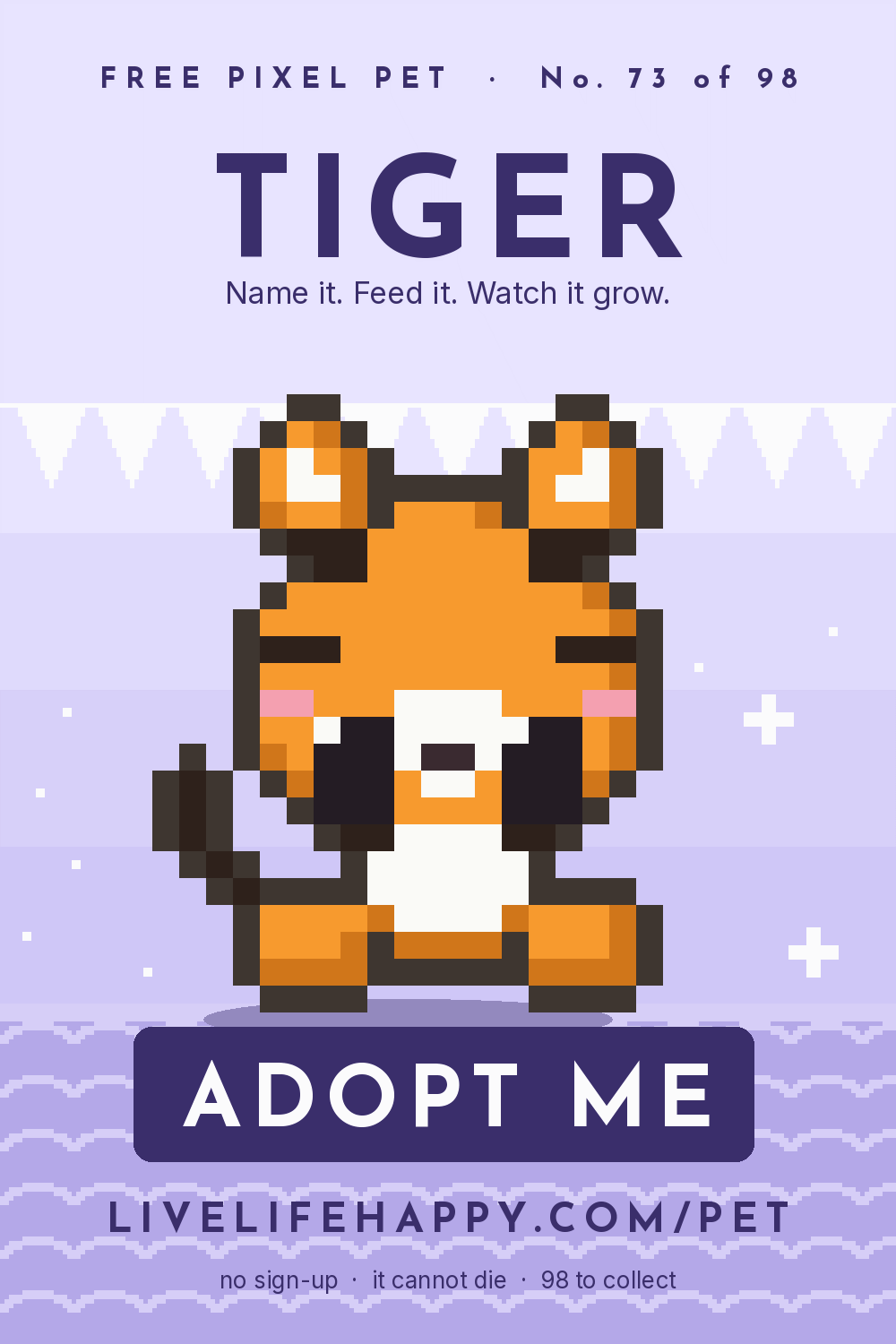 Animated pixel art trading card, number 73 of 98, Tiger, with the words adopt me