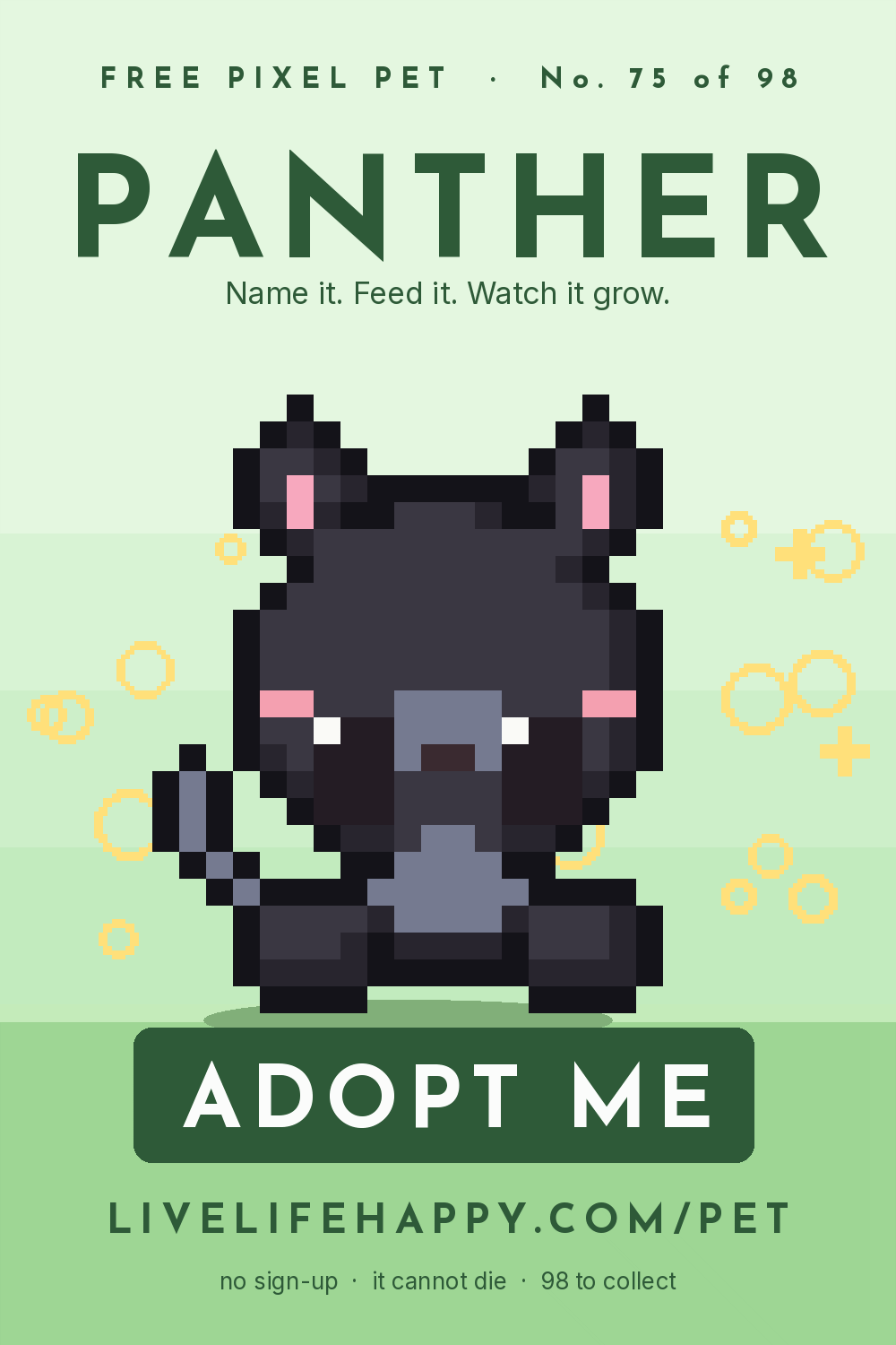 Animated pixel art trading card, number 75 of 98, Panther, with the words adopt me