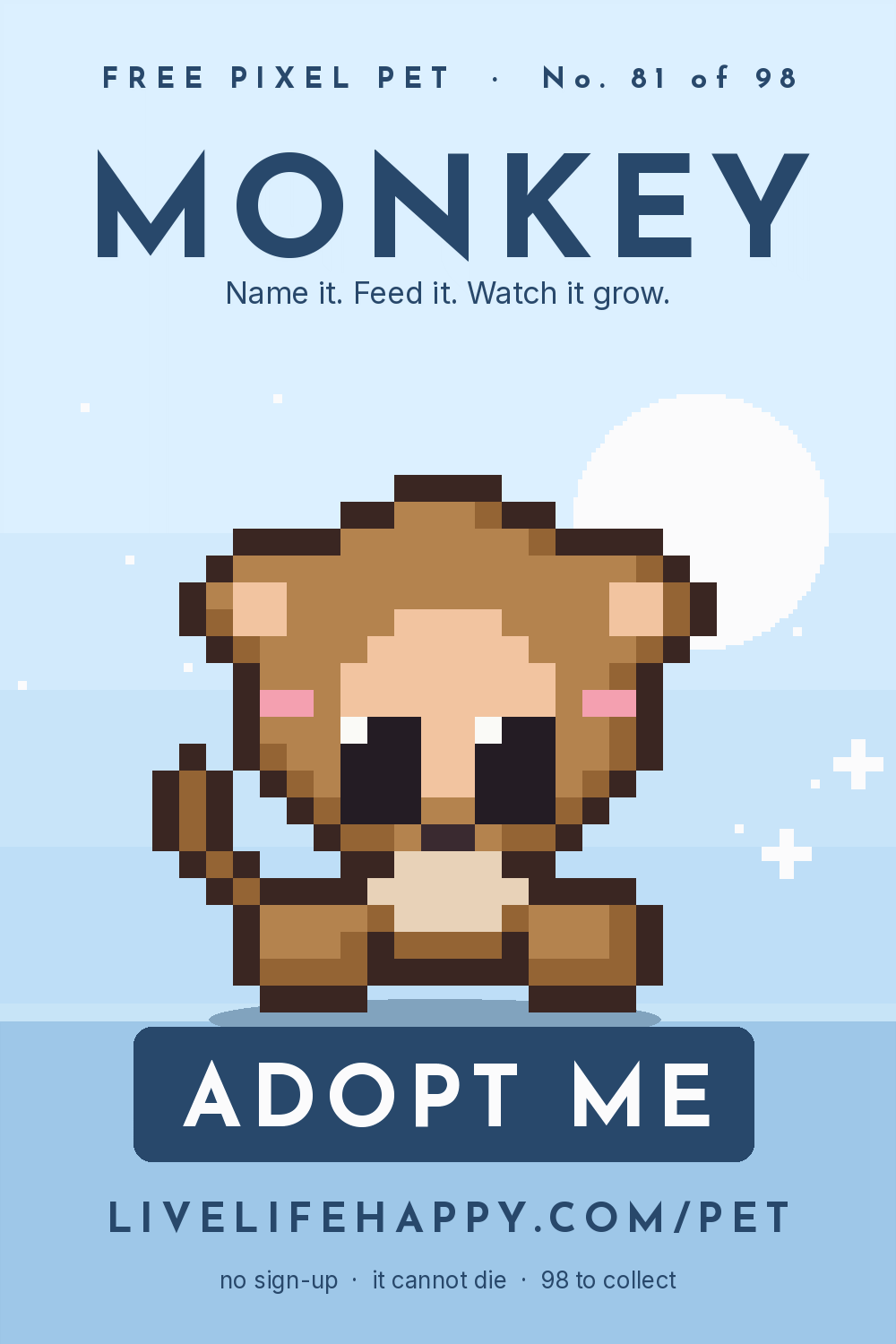 Animated pixel art trading card, number 81 of 98, Monkey, with the words adopt me