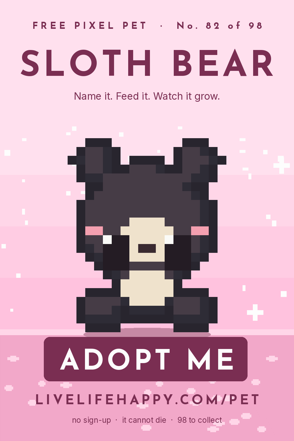 Animated pixel art trading card, number 82 of 98, Sloth Bear, with the words adopt me