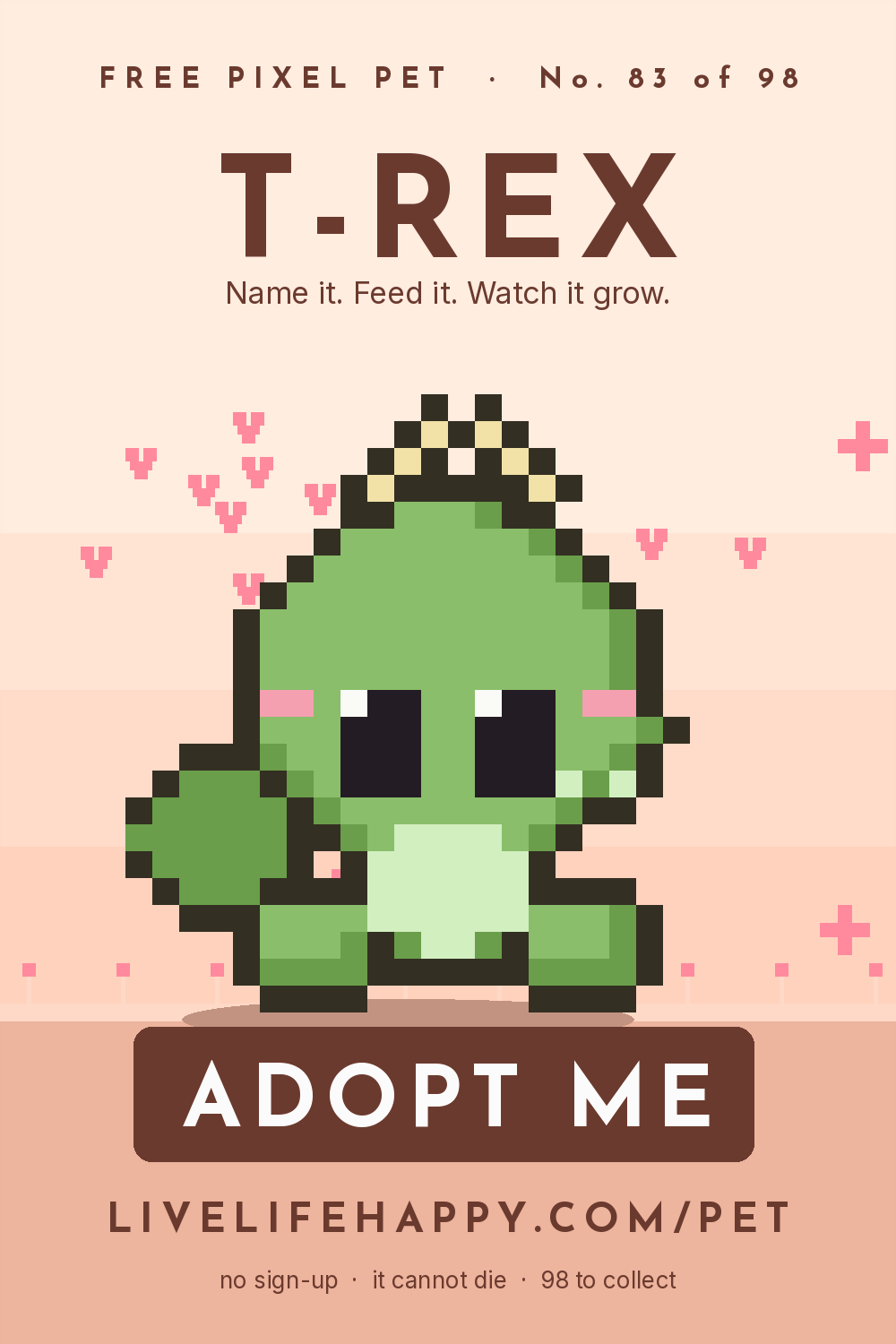 Animated pixel art trading card, number 83 of 98, T-Rex, with the words adopt me