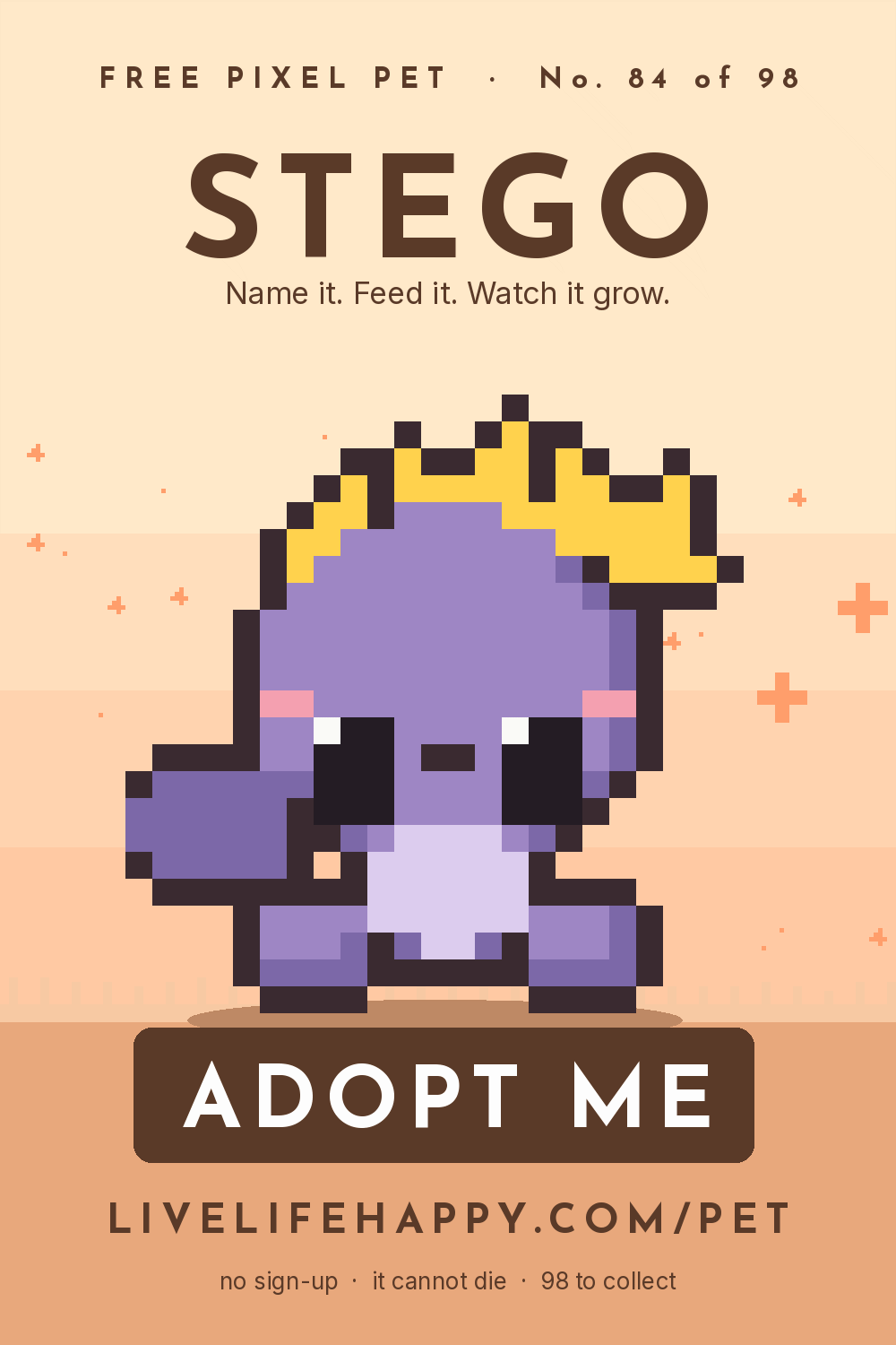 Animated pixel art trading card, number 84 of 98, Stego, with the words adopt me