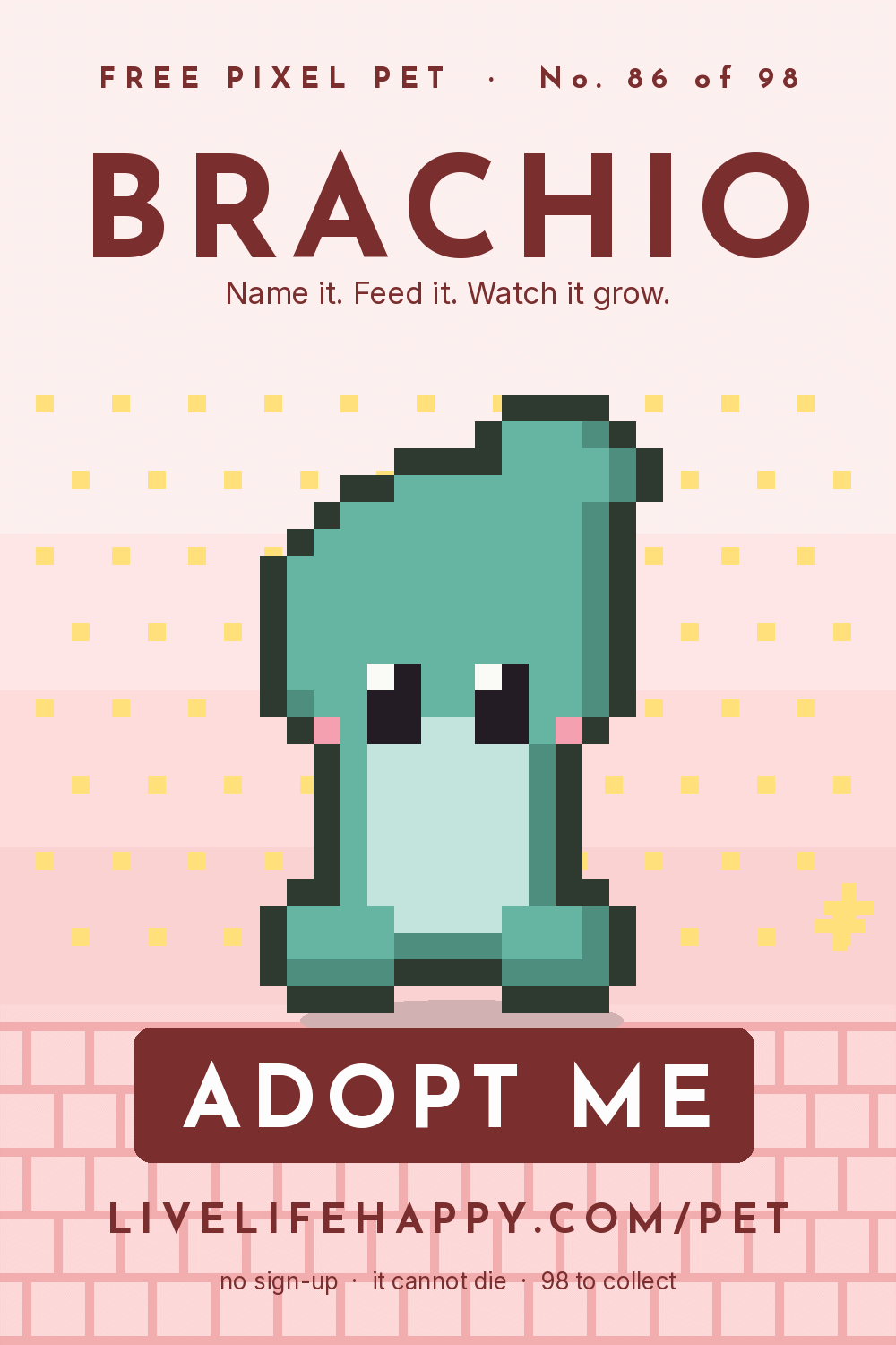 Animated pixel art trading card, number 86 of 98, Brachio, with the words adopt me