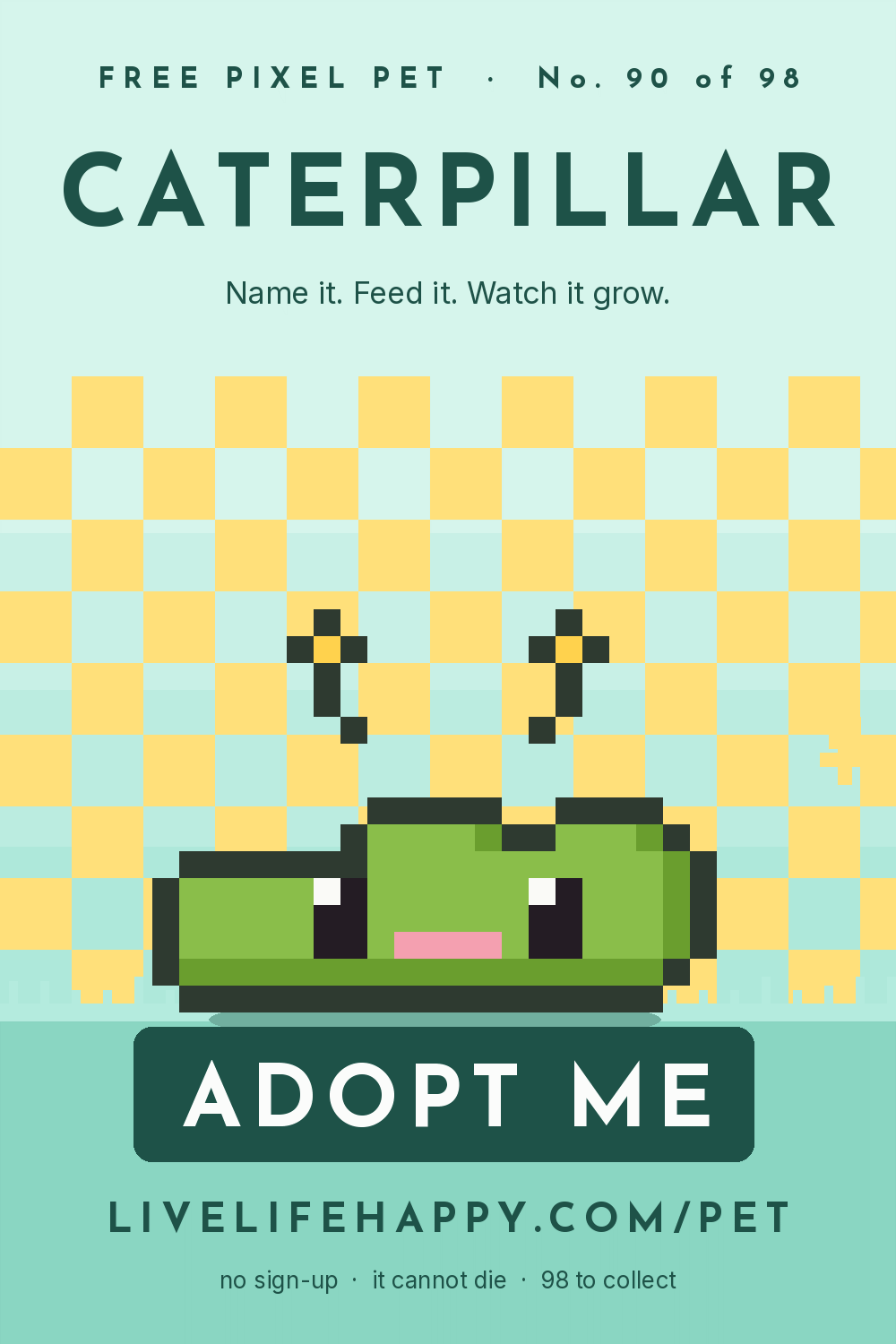 Animated pixel art trading card, number 90 of 98, Caterpillar, with the words adopt me