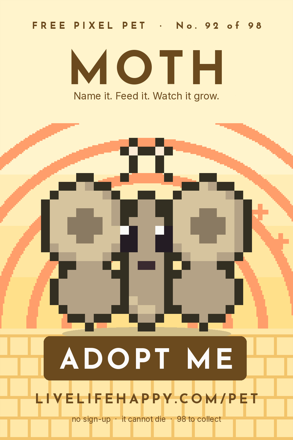 Animated pixel art trading card, number 92 of 98, Moth, with the words adopt me