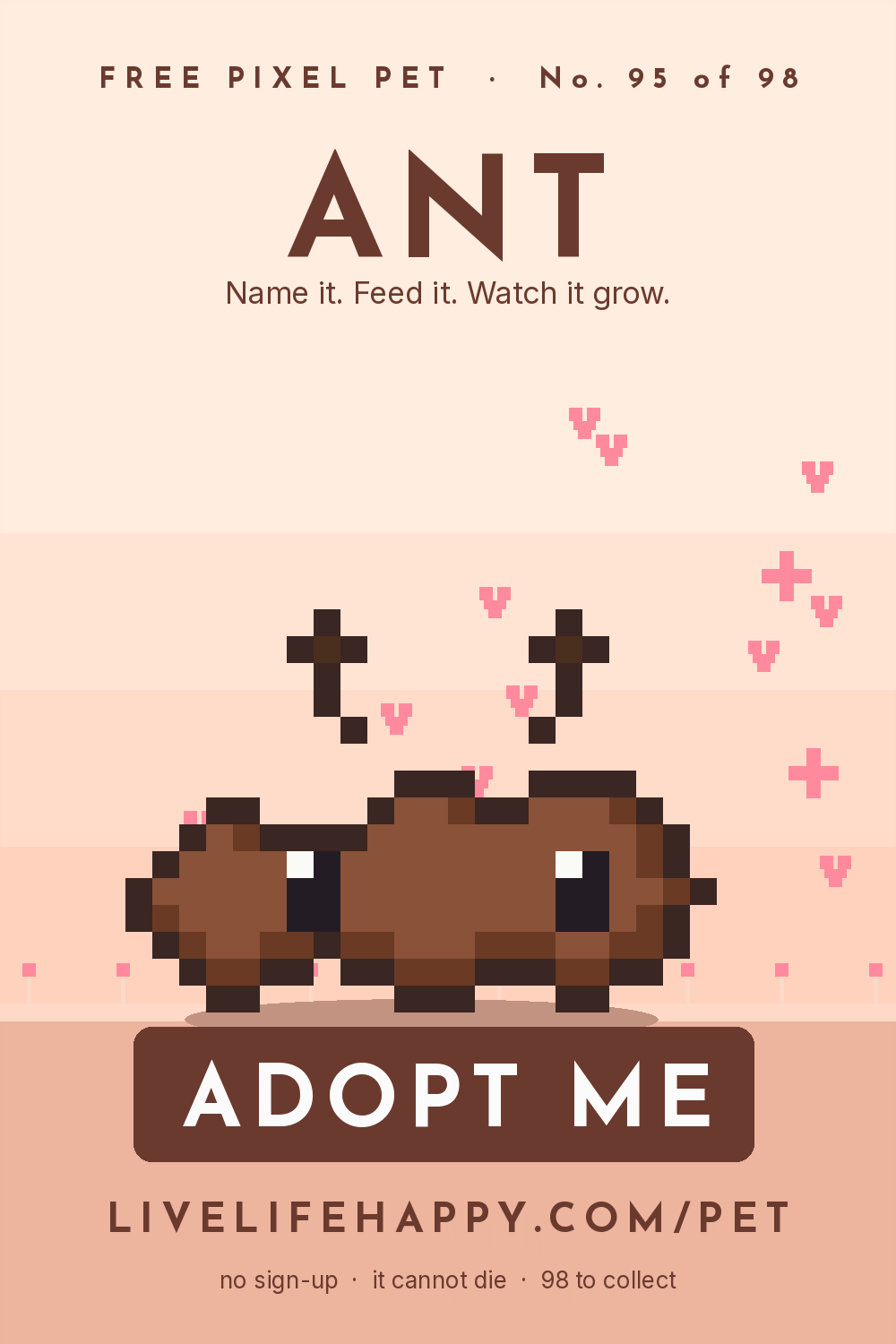 Animated pixel art trading card, number 95 of 98, Ant, with the words adopt me